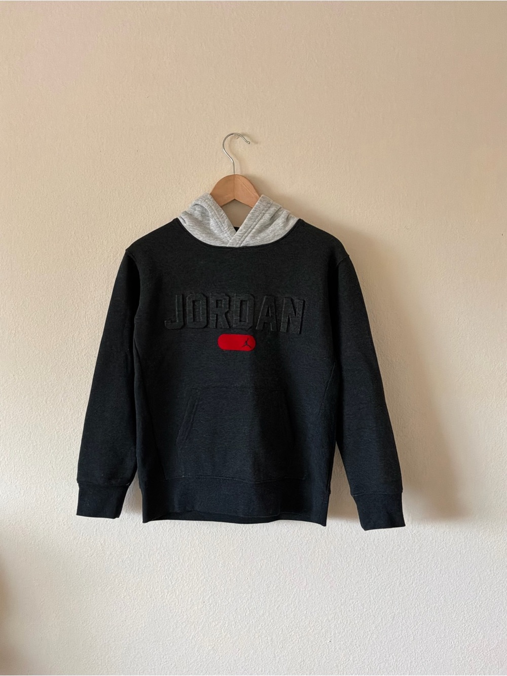 Jordan Kids’ Black Crewneck Sweater with Gray Hood and Red Accent | NWT
